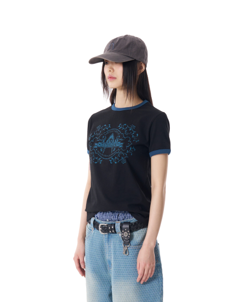 Stamp Printed Ringer Top (Black)