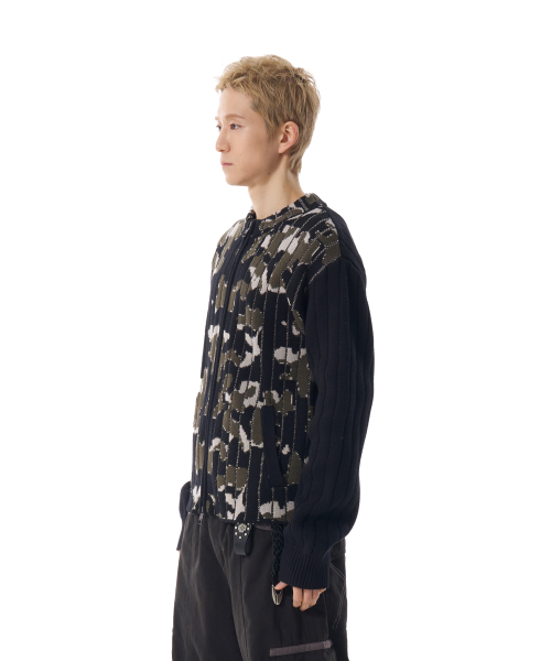 Camouflage Knit Zip-Up Cardigan (Khaki)