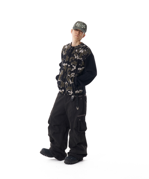 Camouflage Knit Zip-Up Cardigan (Khaki)
