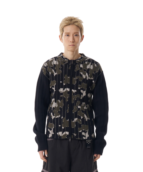 Camouflage Knit Zip-Up Cardigan (Khaki)
