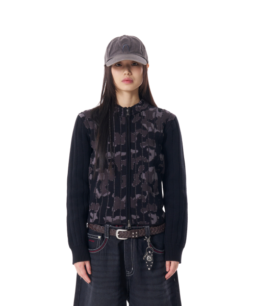 Camouflage Knit Zip-Up Cardigan (Black)