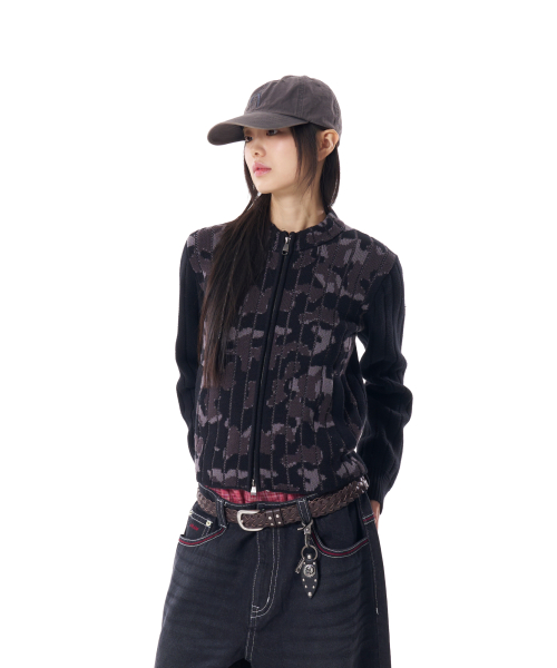 Camouflage Knit Zip-Up Cardigan (Black)