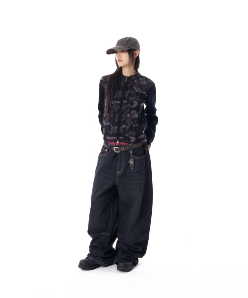 Camouflage Knit Zip-Up Cardigan (Black)