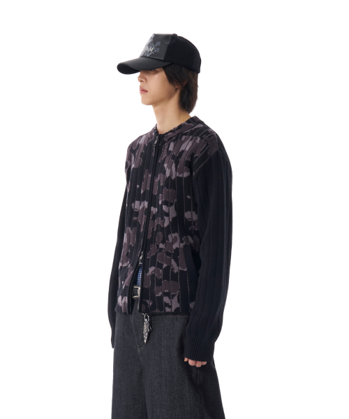 Camouflage Knit Zip-Up Cardigan (Black)