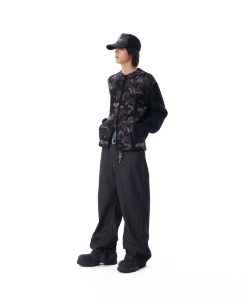 Camouflage Knit Zip-Up Cardigan (Black)