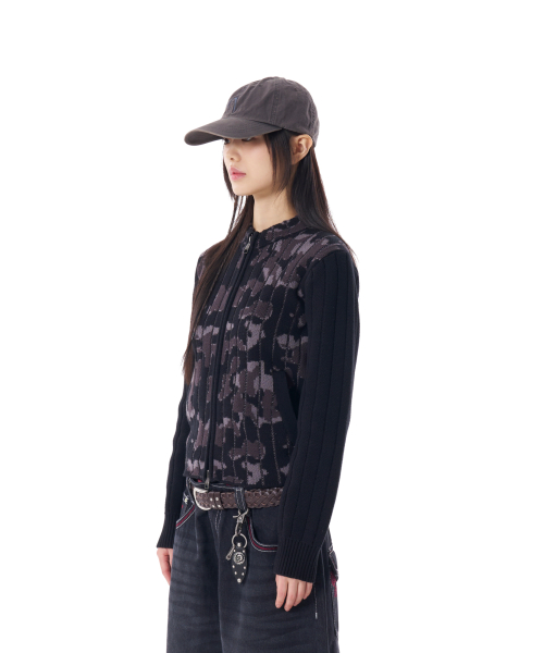 Camouflage Knit Zip-Up Cardigan (Black)