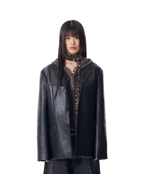 3-Button Leather Blazer (Black)