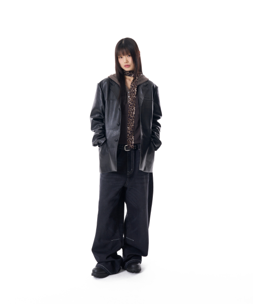 3-Button Leather Blazer (Black)