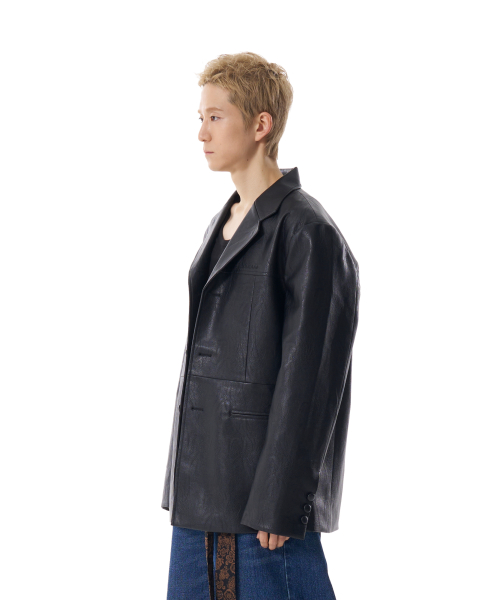 3-Button Leather Blazer (Black)