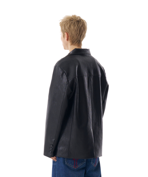 3-Button Leather Blazer (Black)