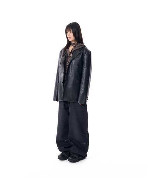 3-Button Leather Blazer (Black)