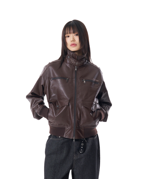 Western Collar Leather Jacket (Brown)