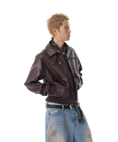 Western Collar Leather Jacket (Brown)