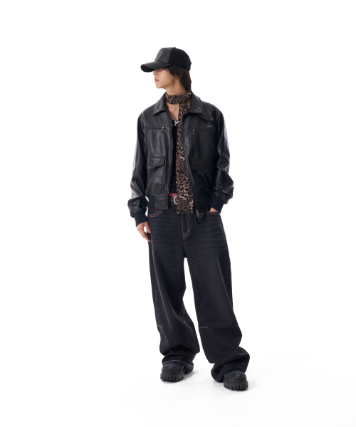 Western Collar Leather Jacket (Black)