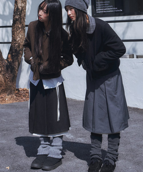 투밸트 로우라이즈 탈부착 플리츠 더블 레이어드 미디스커트_2COLOR