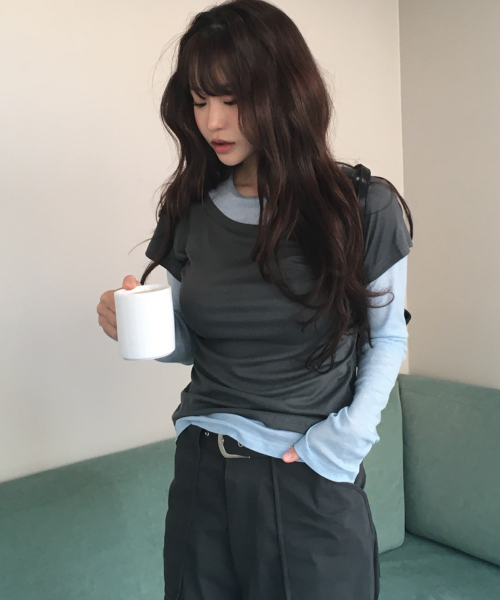 올인원 언발 더블 배색 레이어드 롱슬리브 티 세트_2COLOR