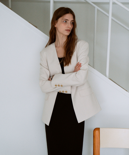 Minimal V-Neck Jacket[LMBESPJK5104]-Cream Beige