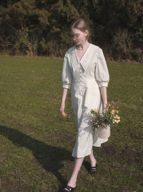 ROMIN V neck pintuck collar dress_WHITE