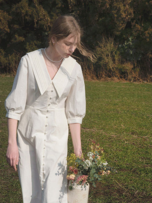 ROMIN V neck pintuck collar dress_WHITE