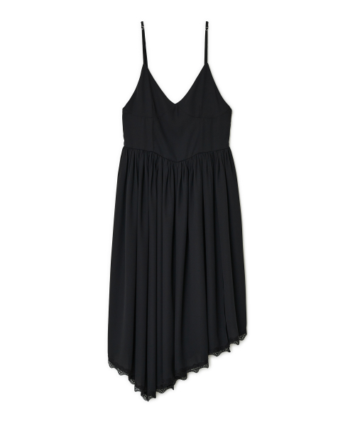 Lace Layered Shirring One-piece, BLACK