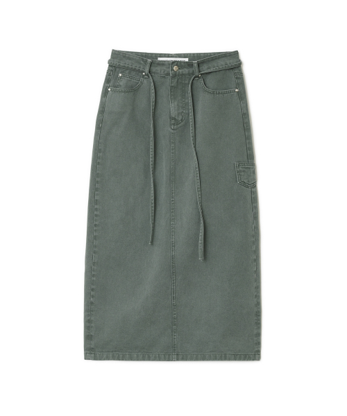 String Color Denim Maxi Skirt, KHAKI
