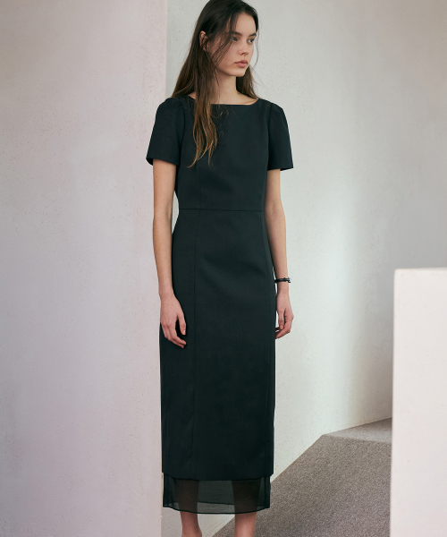 See-through Boat Neck Dress[LMBFCO24DR802]-Black