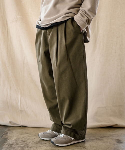 Saturn Two Tuck Wide Twill Pants Khaki KJLP2606