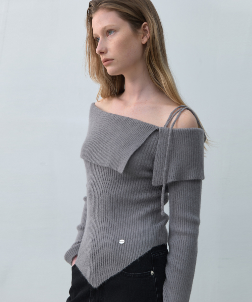 MOHAIR WOOL BLENDED OFF SHOULDER KNIT GRAY