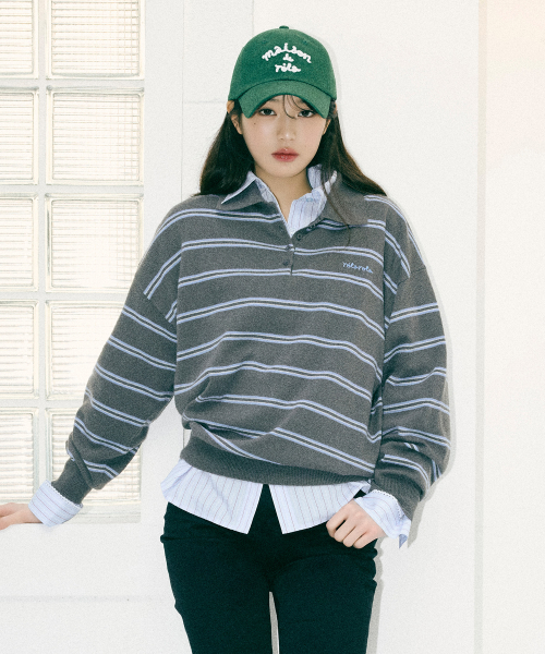 LOOSE FIT COLLAR STRIPE KNIT DEEP GRAY