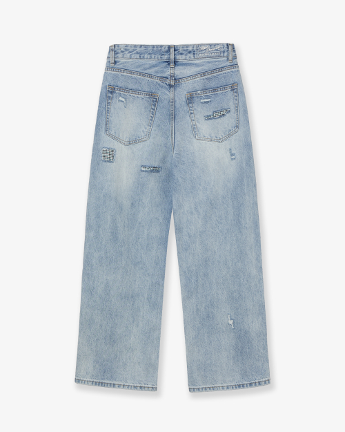 CHECK PATCHWORK DENIM PANTS [LIGHT BLUE]