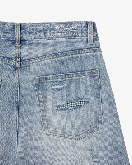 CHECK PATCHWORK DENIM PANTS [LIGHT BLUE]