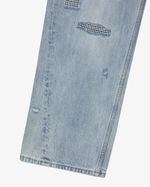 CHECK PATCHWORK DENIM PANTS [LIGHT BLUE]
