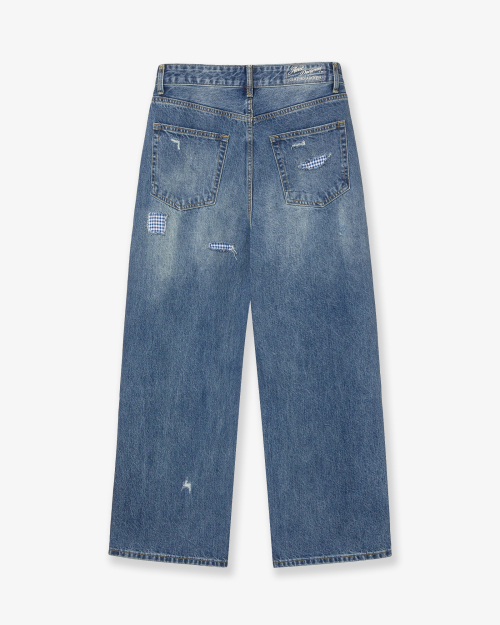 CHECK PATCHWORK DENIM PANTS [MID BLUE]