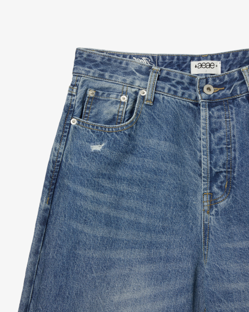 CHECK PATCHWORK DENIM PANTS [MID BLUE]