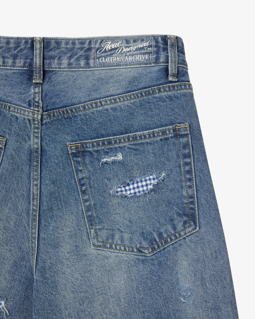 CHECK PATCHWORK DENIM PANTS [MID BLUE]