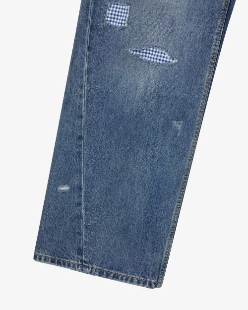CHECK PATCHWORK DENIM PANTS [MID BLUE]