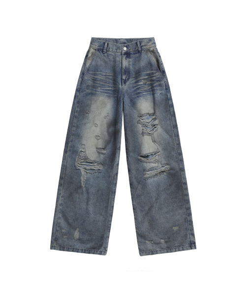 Dirty Washed Destroyed Denim Pants - BLUE