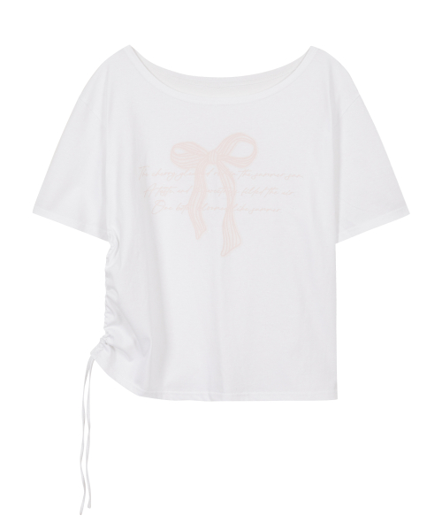 Ribbon shirring off-shoulder T-shirt White