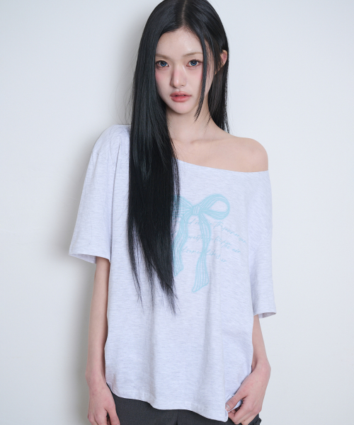 Ribbon shirring off-shoulder T-shirt Melange
