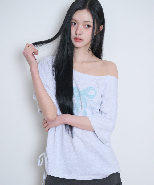 Ribbon shirring off-shoulder T-shirt Melange