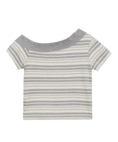 One Shoulder Stud Stripe Top Gray Ivory
