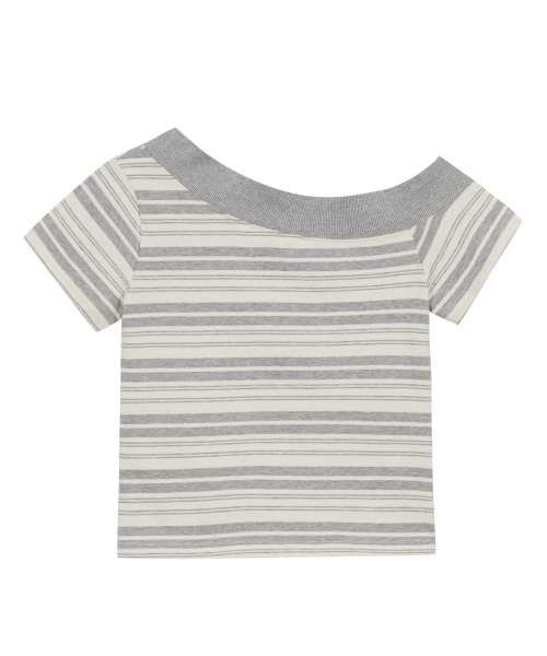 One Shoulder Stud Stripe Top Gray Ivory