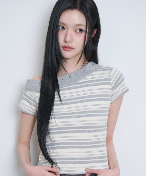One Shoulder Stud Stripe Top Gray Ivory