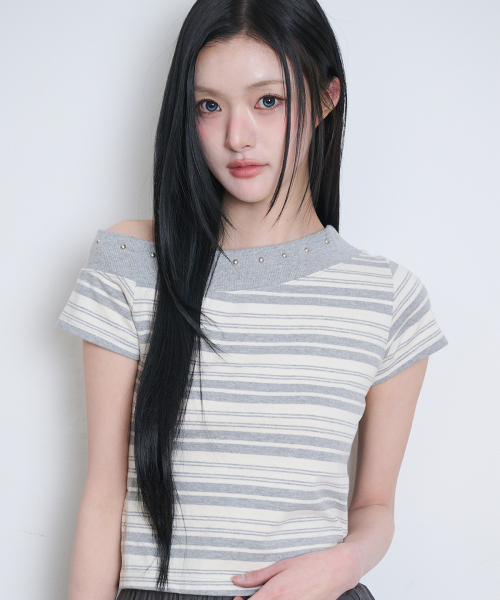 One Shoulder Stud Stripe Top Gray Ivory