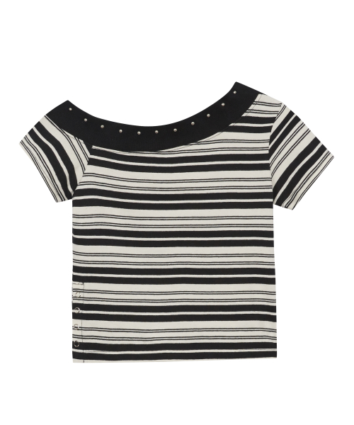 One Shoulder Stud Stripe Top Black Ivory