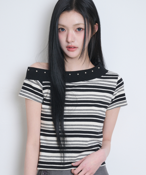 One Shoulder Stud Stripe Top Black Ivory