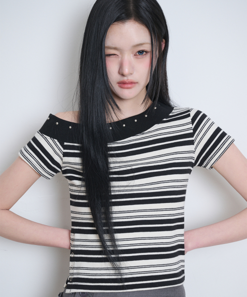 One Shoulder Stud Stripe Top Black Ivory