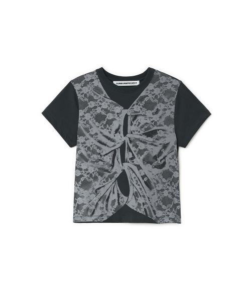 Lace Printing Layered T-shirt, CHARCOAL