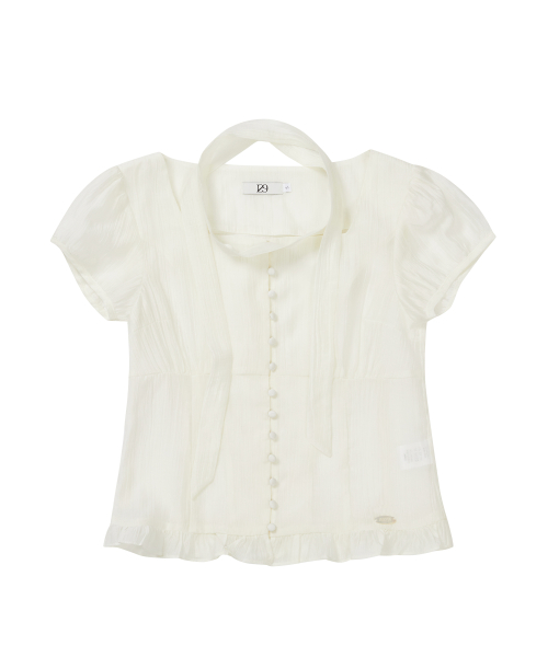 Ribbon Tie Square Neck Blouse Cream