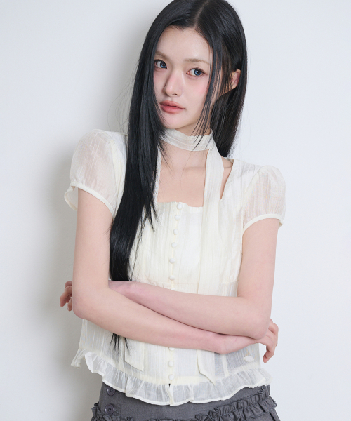 Ribbon Tie Square Neck Blouse Cream